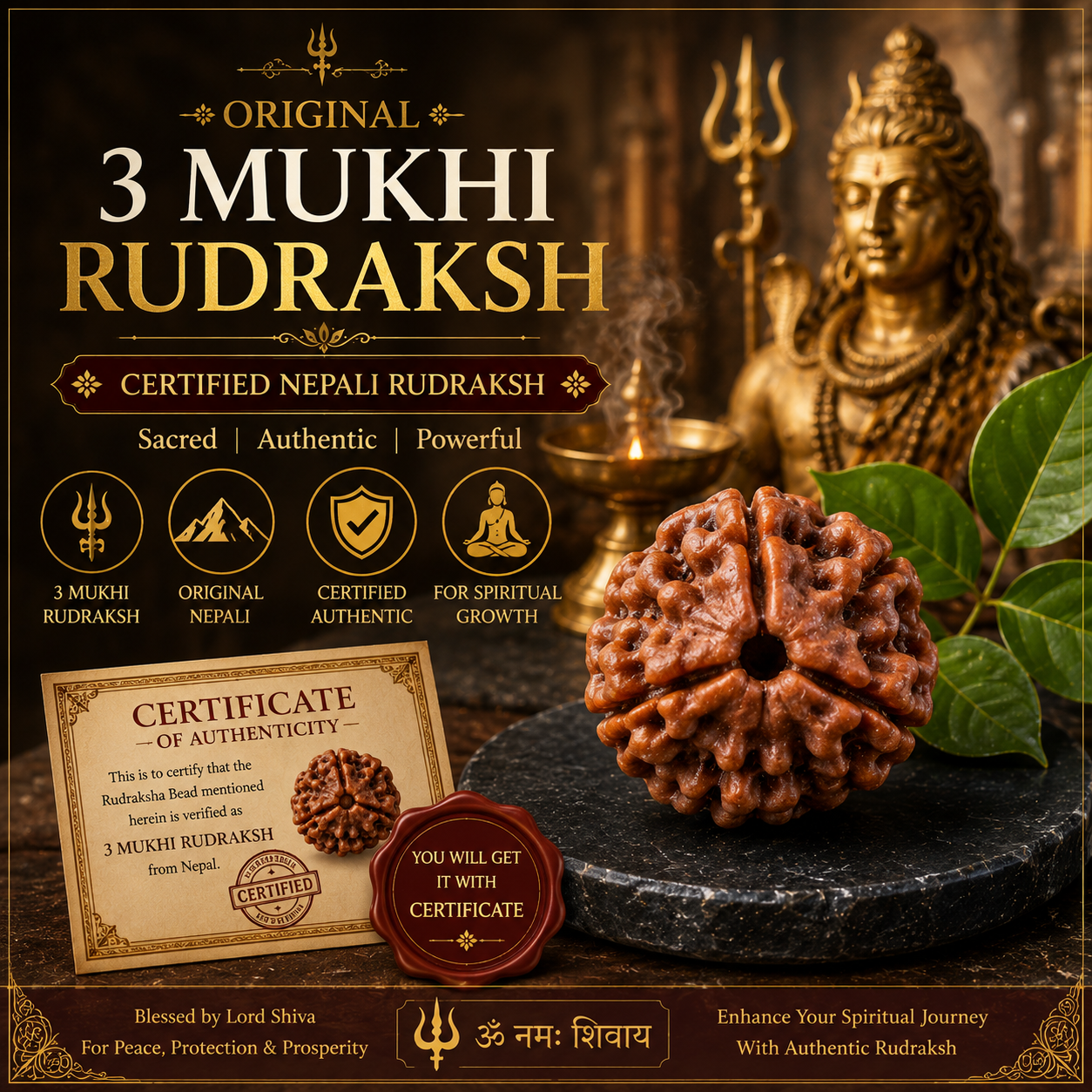 3 Mukhi Certified Nepali Rudraksha | Original 3 Mukhi Rudraksha Bead
